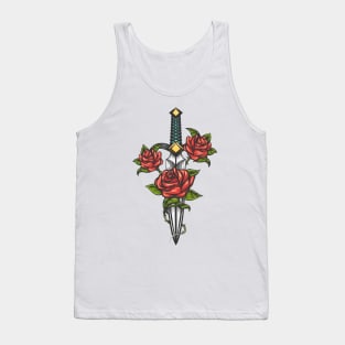 Dagger Knife and Rose Flowers Drawn in Tattoo Style Tank Top